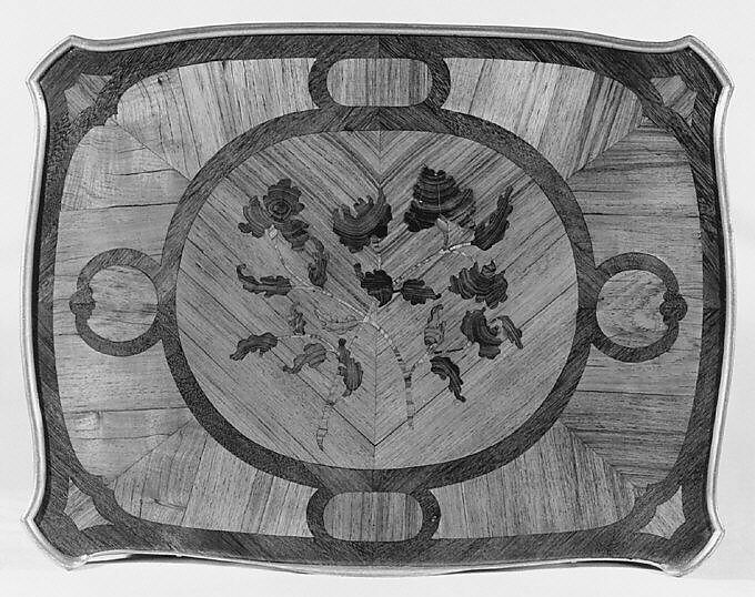 Work and writing table (table en chiffonière), Bernard II van Risenburgh (ca. 1696–ca. 1767), Oak and pine veneered with tulipwood, kingwood, purplewood and satiné, gilt bronze, silvered metal, French