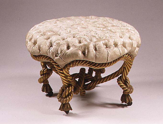 Four-legged stool, Style of A. M. E. Fournier (French, active after 1850), Carved and gilded wood, silver-colored damask, brass casters, French 