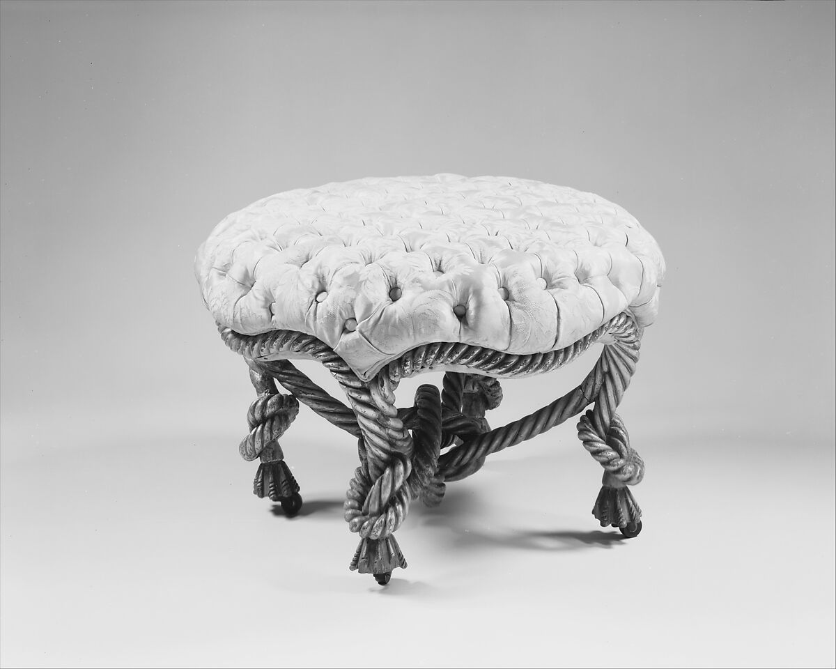 Four-legged stool, Style of A. M. E. Fournier (French, active after 1850), Carved and gilded wood, silver-colored damask, brass casters, French