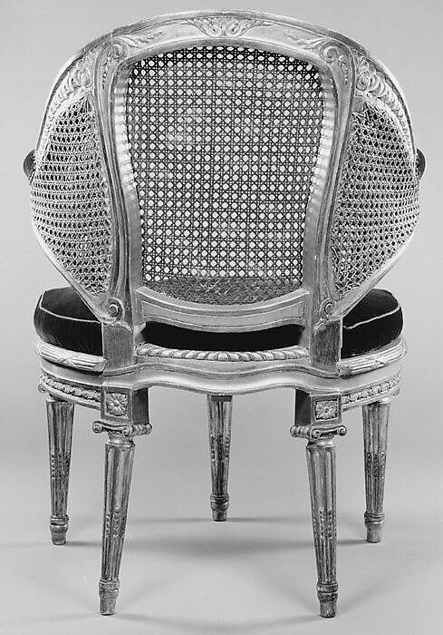 Desk chair (fauteuil de cabinet), Gilded walnut, caning, French 18th-century orange velvet, French