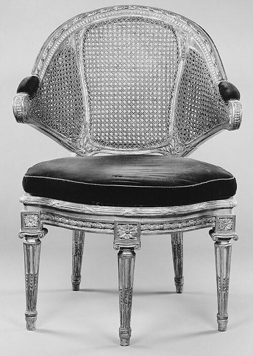 Desk chair (fauteuil de cabinet), Gilded walnut, caning, French 18th-century orange velvet, French