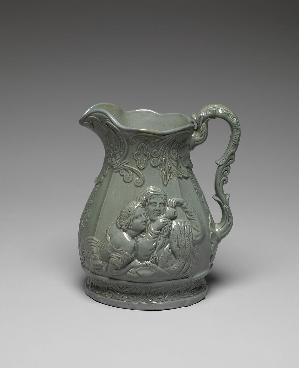 "Cup-Tosser" Pitcher, E. &amp; W. Bennett Pottery (American, Baltimore, Maryland 1847–1857), Earthenware; drab green body 