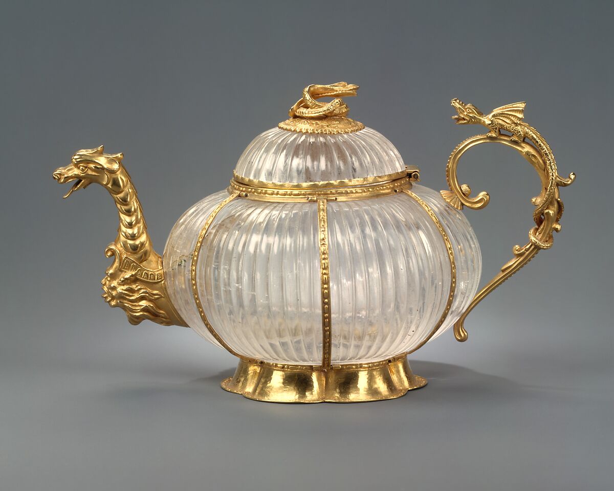 Teapot, Rock crystal, gold mounts, German, Dresden mounts and Indian, Mughal crystal