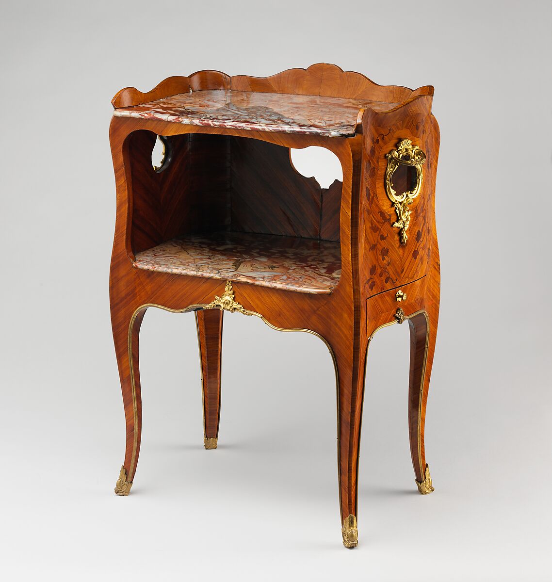 Bedside table (table de nuit), Bernard II van Risenburgh, Oak veneered with tulipwood and kingwood; gilt-bronze mounts; Sarrancolin marble; silk moiré drawer lining (not original), French, Paris