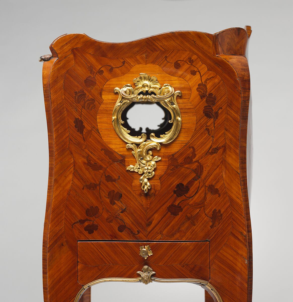 Bedside table (table de nuit), Attributed to Bernard II van Risenburgh (ca. 1696–ca. 1767), Oak veneered with tulipwood and kingwood; gilt-bronze mounts; Sarrancolin marble; silk moiré drawer lining (not original), French, Paris