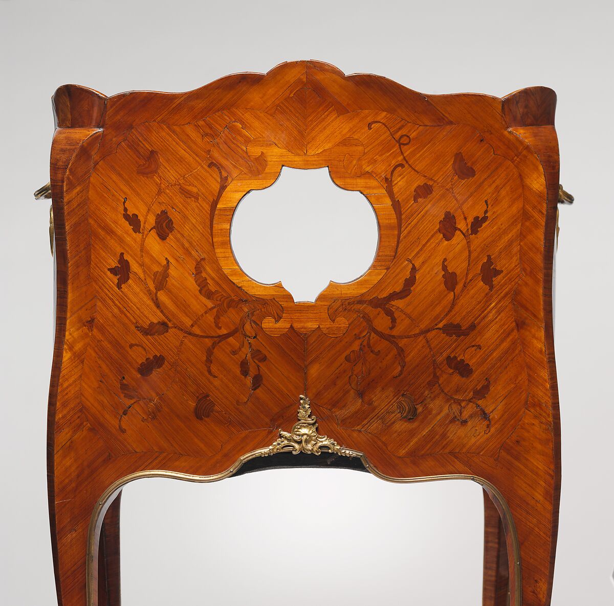 Bedside table (table de nuit), Attributed to Bernard II van Risenburgh (ca. 1696–ca. 1767), Oak veneered with tulipwood and kingwood; gilt-bronze mounts; Sarrancolin marble; silk moiré drawer lining (not original), French, Paris