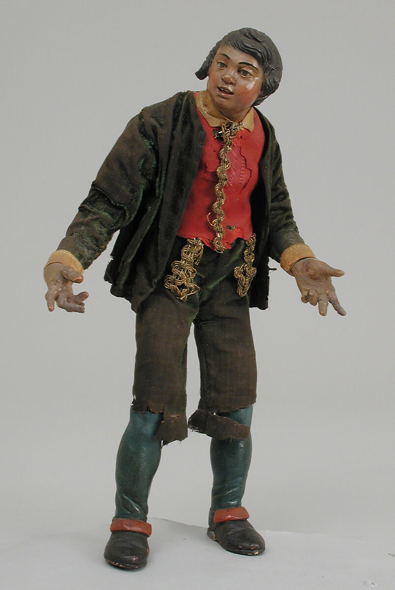 Standing man in velvet suit, Polychromed terracotta head; wooden limbs; body of wire wrapped in tow; various fabrics including velvet, Italian, Naples 