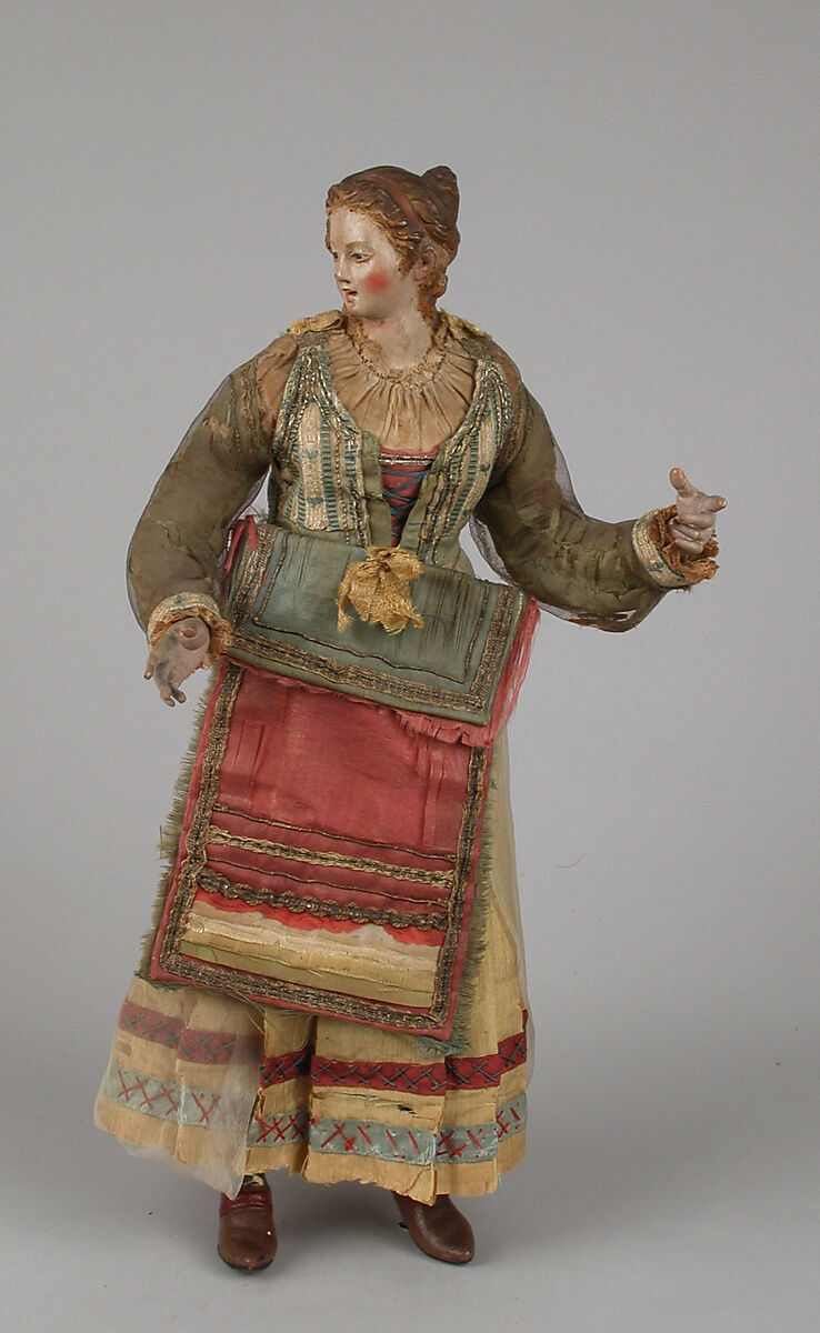 Standing woman in festival dress, Polychromed terracotta head; wooden limbs; body of wire wrapped in tow; silk and linen garments, Italian, Naples 