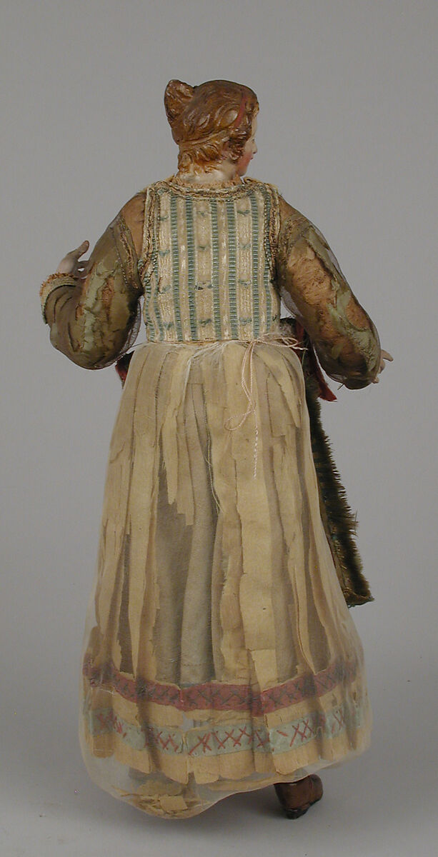 Standing woman in festival dress, Polychromed terracotta head; wooden limbs; body of wire wrapped in tow; silk and linen garments, Italian, Naples