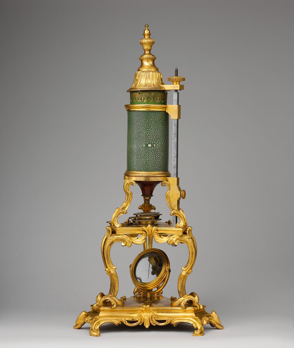 Microscope, Claude-Siméon Passemant, Gilt bronze, shagreen, tinted parchment with gold tooling, steel, brass, mahogany, mirror glass, glass, French, Paris