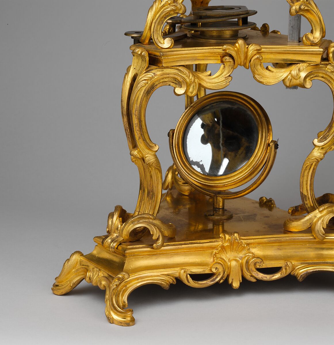 Microscope, Optical elements by Claude-Siméon Passemant (1702–1769), Gilt bronze, shagreen, tinted parchment with gold tooling, steel, brass, mahogany, mirror glass, glass, French, Paris