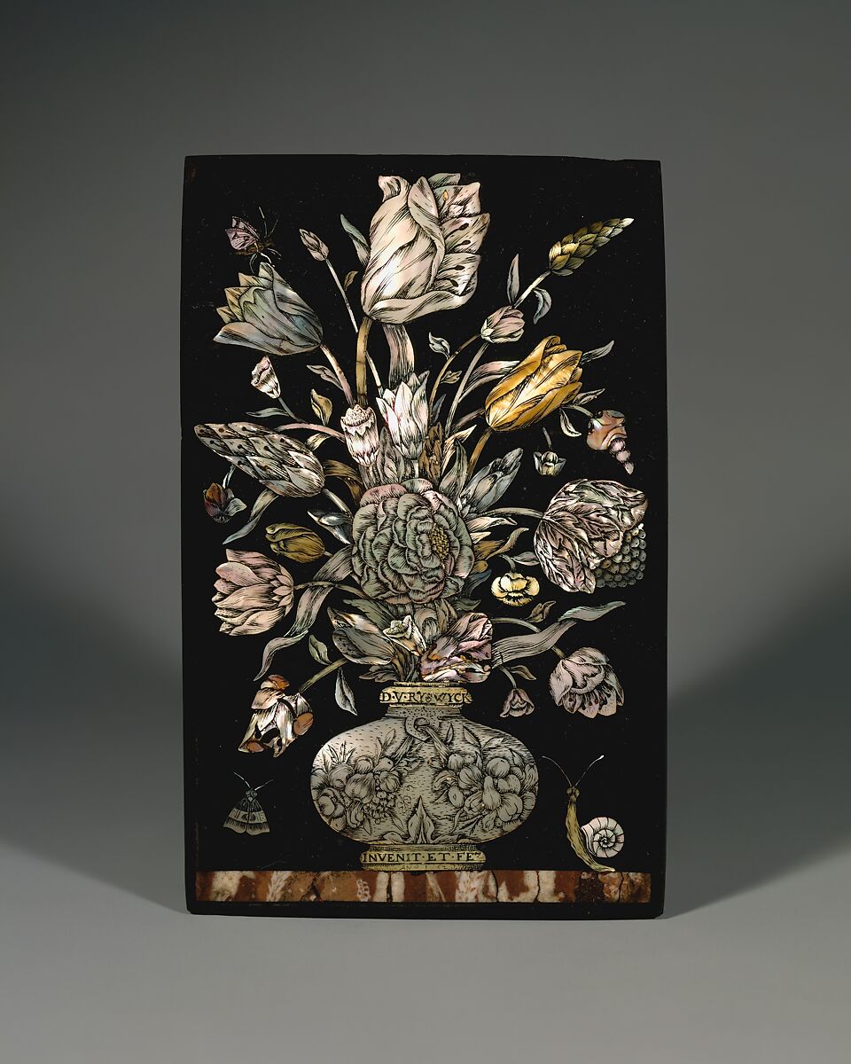 Floral still life, Dirck van Rijswijck (Cleves, Germany 1596–1679 Amsterdam), Black marble inlaid with engraved mother-of-pearl and breccia marble, ebony frame, Dutch, Amsterdam 