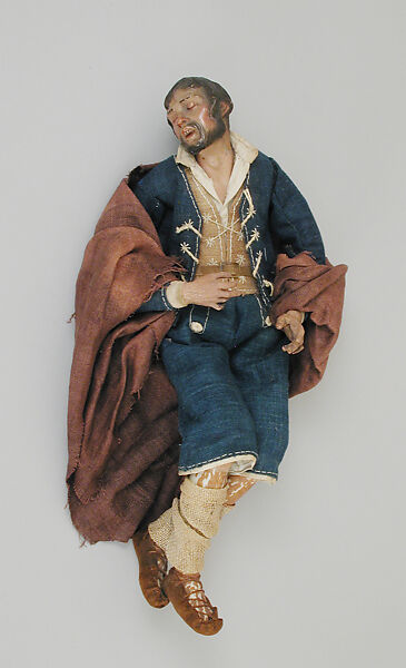 Sleeping shepherd, Polychromed terracotta head; wooden limbs; body of wire wrapped in tow; various fabrics; linen and burlap garments, Italian, Naples