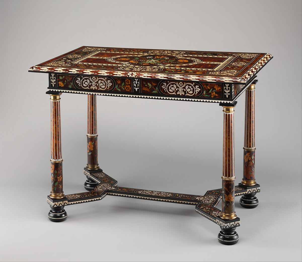 Table, Pierre Gole, Oak and fruitwood veneered with tortoiseshell, stained and natural ivory, ebony, and other woods; gilt bronze, French, Paris