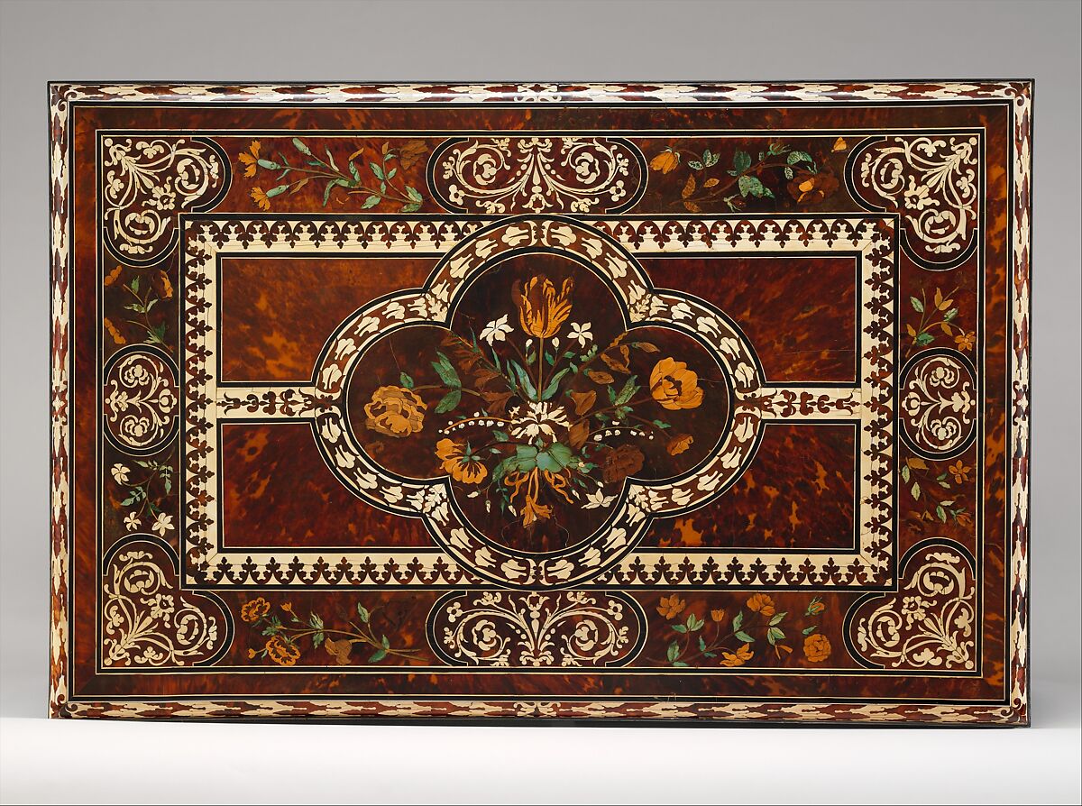 Table, Attributed to Pierre Gole (ca. 1620–1684), Oak and fruitwood veneered with tortoiseshell, stained and natural ivory, ebony, and other woods. Shown from a bird's eye view. 
