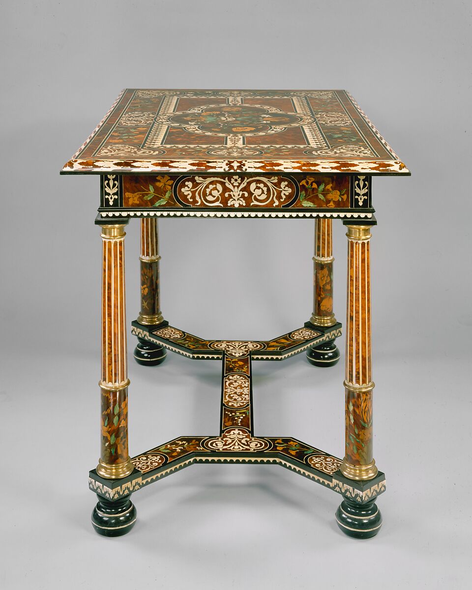 Table, Attributed to Pierre Gole (ca. 1620–1684), Oak and fruitwood veneered with tortoiseshell, stained and natural ivory, ebony, and other woods; gilt bronze, French, Paris