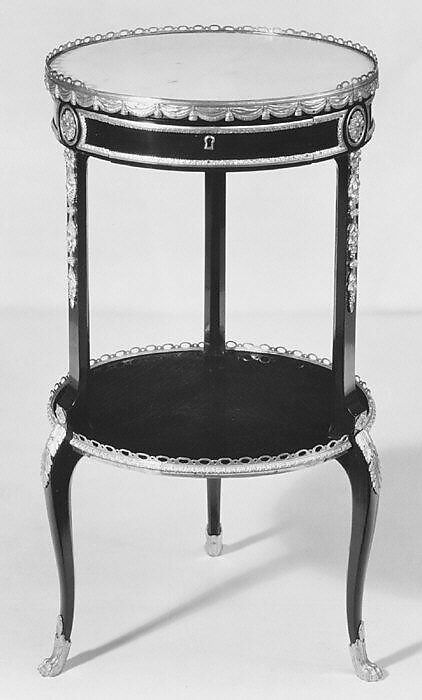 Small circular table, Martin Carlin (French, near Freiburg im Breisgau ca. 1730–1785 Paris), Oak, veneered with ebony; white Carrara marble, gilt bronze, gold-tooled Morocco leather, silvered metal, French 