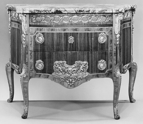 Commode, Oak veneered with tulipwood, satiné wood, purplewood, satinwood, kingwood, walnut; gilt bronze, Sarrancolin marble, French 