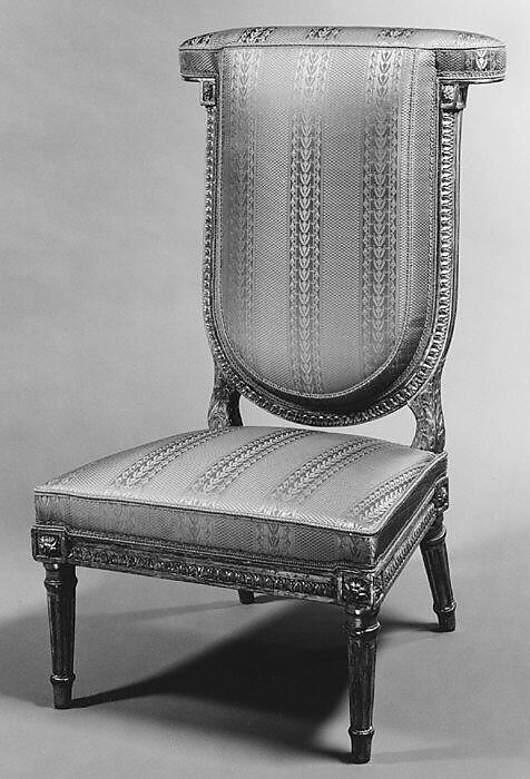 Side chair (voyeuse à genoux), Louis Magdeleine Pluvinet (French, master 1775–85), Carved and gilded wood, light blue silk upholstery (not original), French 