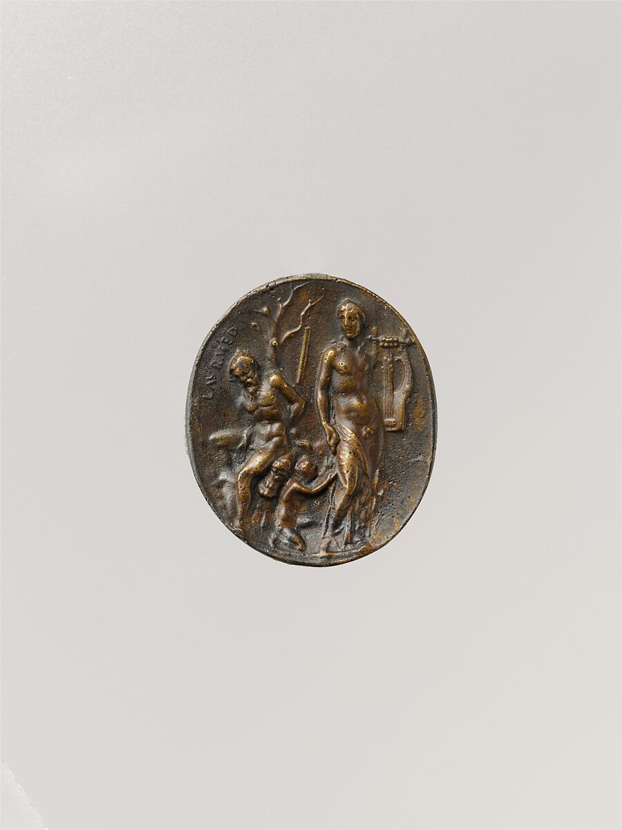Apollo and Marsyas, Bronze; mounted in a gilt-bronze or brass frame, Italian 