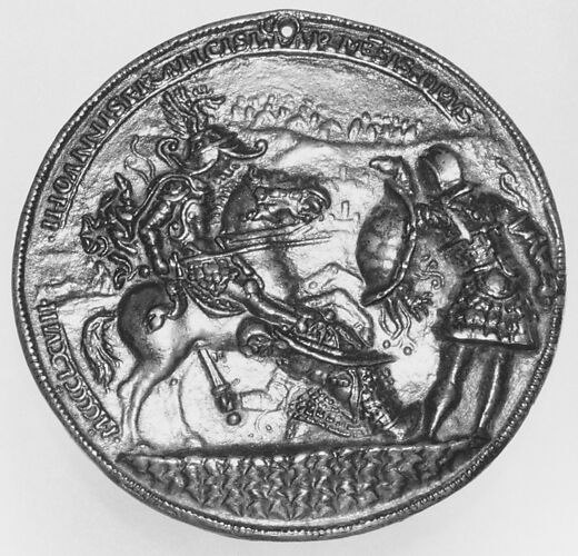 A horseman fighting two foot soldiers