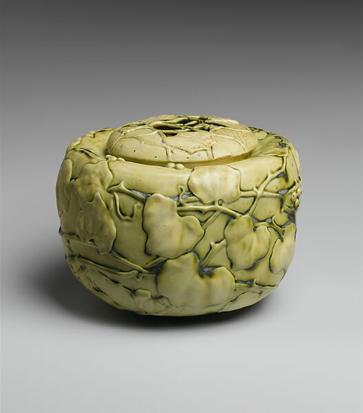 Covered bowl with Boston ivy, Tiffany Studios (1902–32), Porcelaneous earthenware, American 