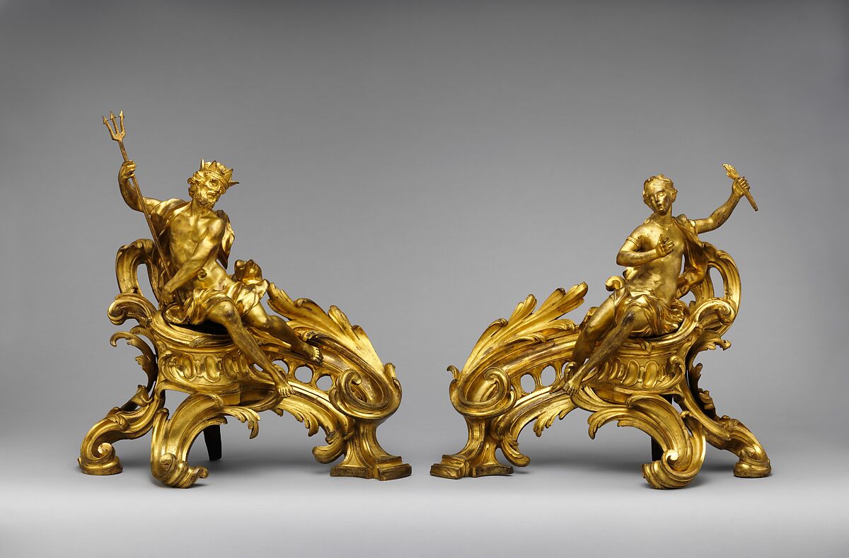 Pair of firedogs (chenets), Gilt bronze, French 