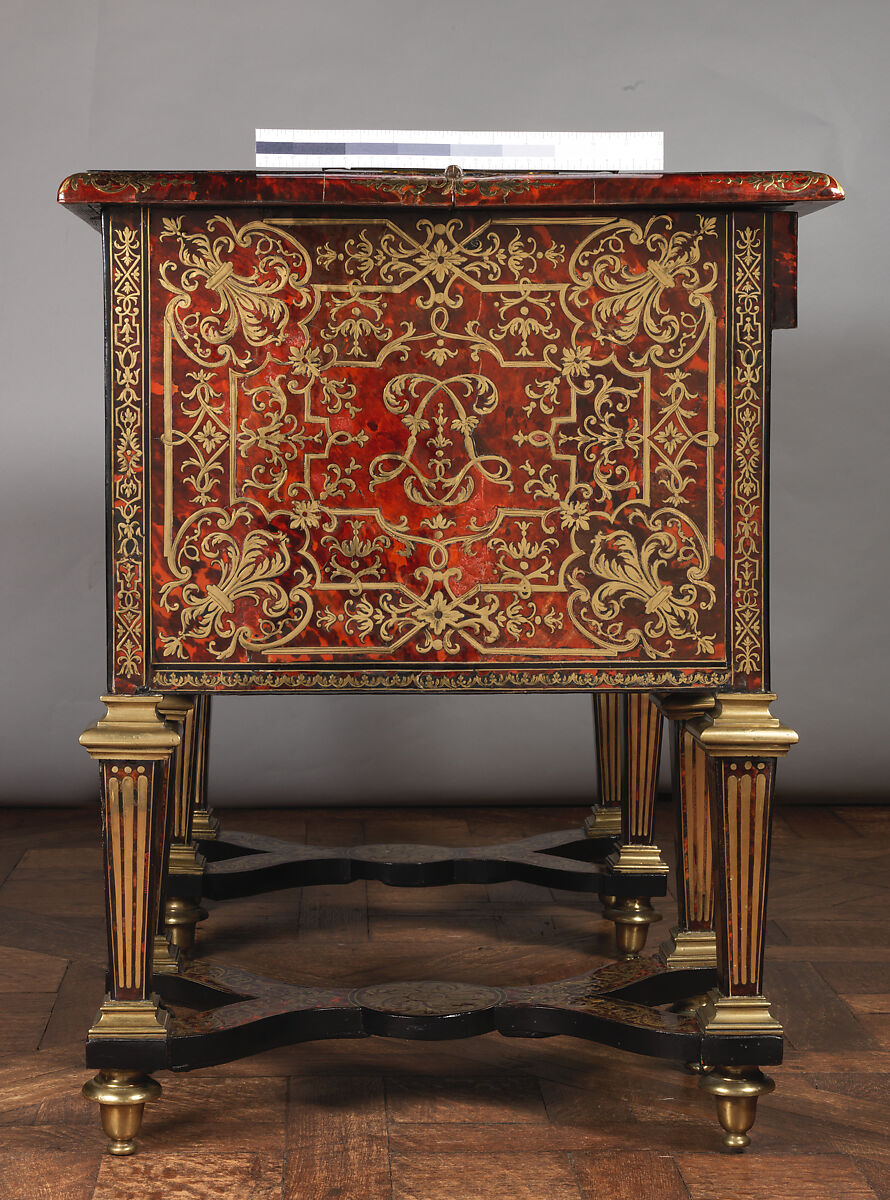 Small desk with folding top (bureau brisé), Marquetry by Alexandre-Jean Oppenordt (Dutch, 1639–1715, active France), Oak, pine, walnut veneered with ebony, rosewood, and marquetry of tortoiseshell and engraved brass; gilt bronze and steel, French, Paris