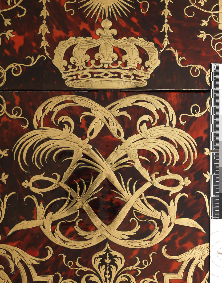 Small desk with folding top (bureau brisé), Marquetry by Alexandre-Jean Oppenordt (Dutch, 1639–1715, active France), Oak, pine, walnut veneered with ebony, rosewood, and marquetry of tortoiseshell and engraved brass; gilt bronze and steel, French, Paris