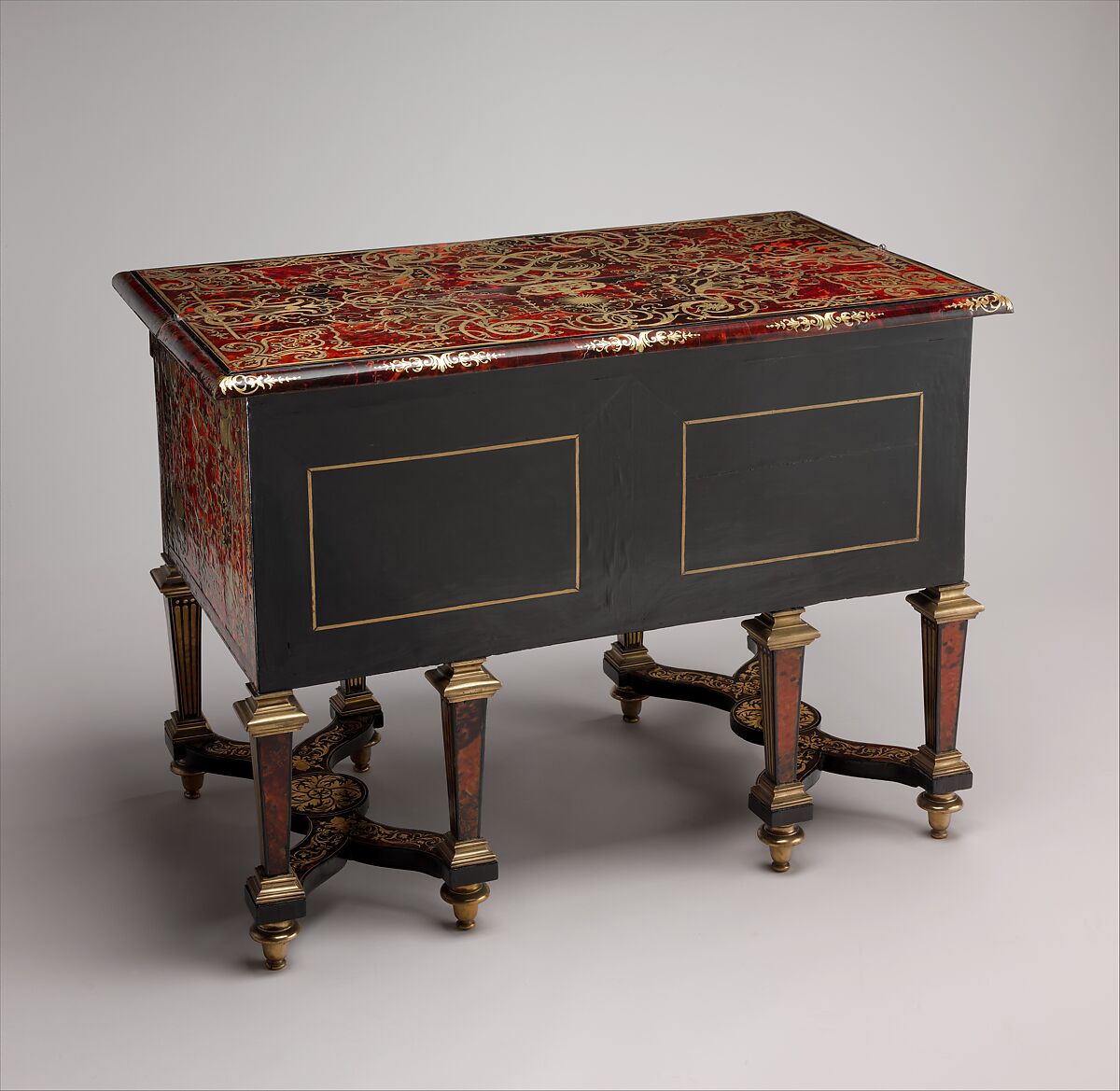 Small desk with folding top (bureau brisé), Marquetry by Alexandre-Jean Oppenordt (Dutch, 1639–1715, active France), Oak, pine, walnut veneered with ebony, rosewood, and marquetry of tortoiseshell and engraved brass; gilt bronze and steel, French, Paris