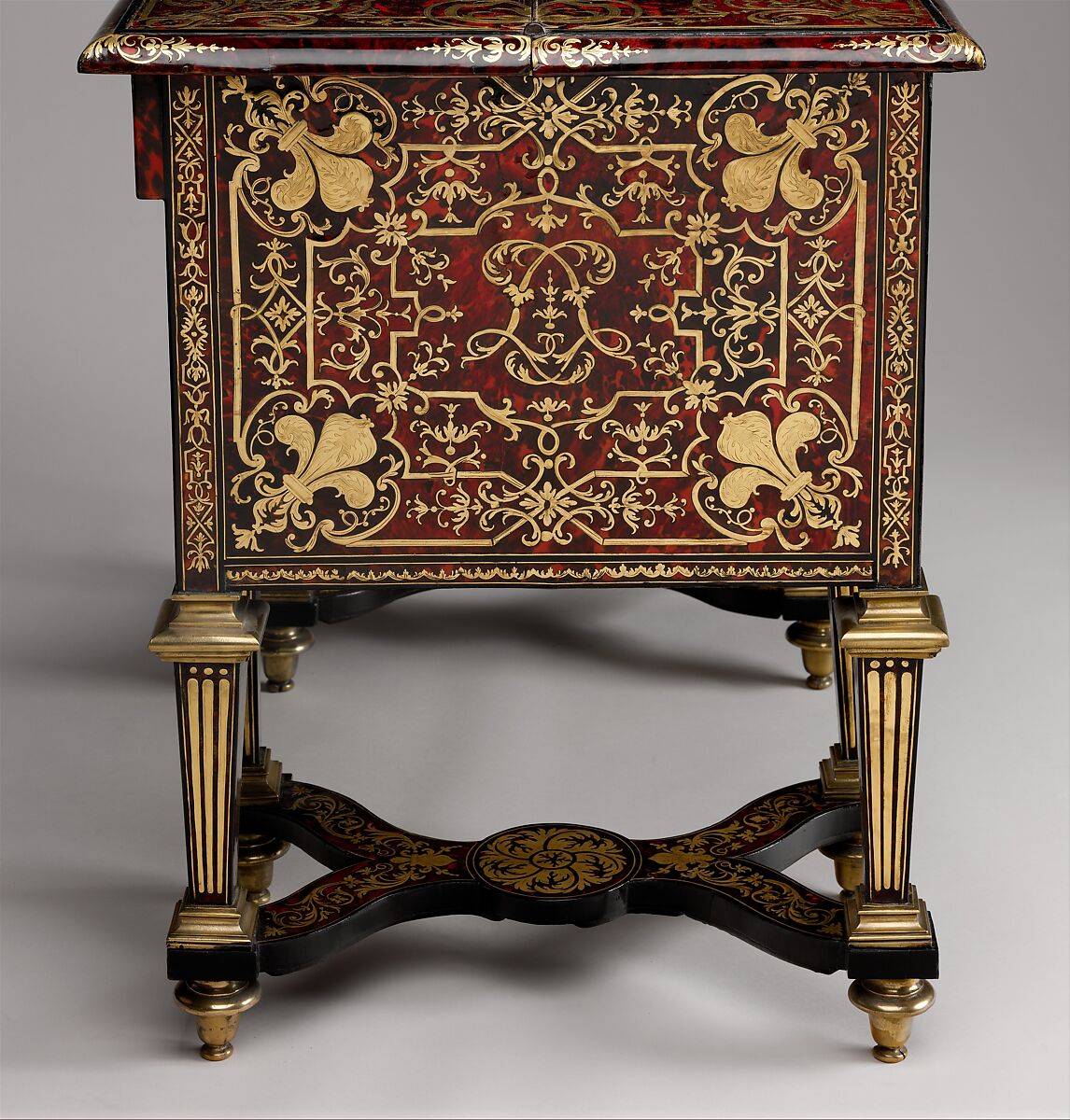 Small desk with folding top (bureau brisé), Marquetry by Alexandre-Jean Oppenordt (Dutch, 1639–1715, active France), Oak, pine, walnut veneered with ebony, rosewood, and marquetry of tortoiseshell and engraved brass; gilt bronze and steel, French, Paris