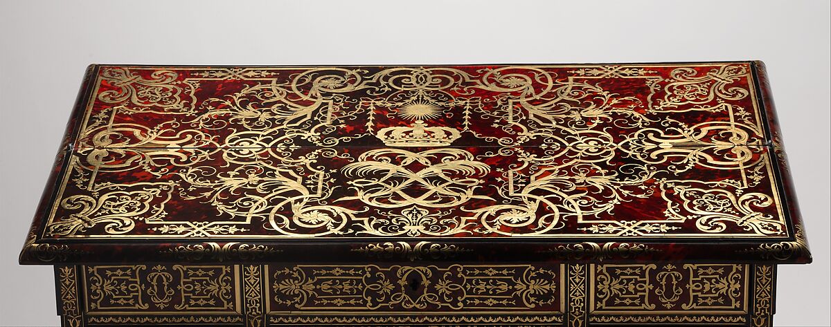 Small desk with folding top (bureau brisé), Marquetry by Alexandre-Jean Oppenordt (Dutch, 1639–1715, active France), Oak, pine, walnut veneered with ebony, rosewood, and marquetry of tortoiseshell and engraved brass; gilt bronze and steel, French, Paris
