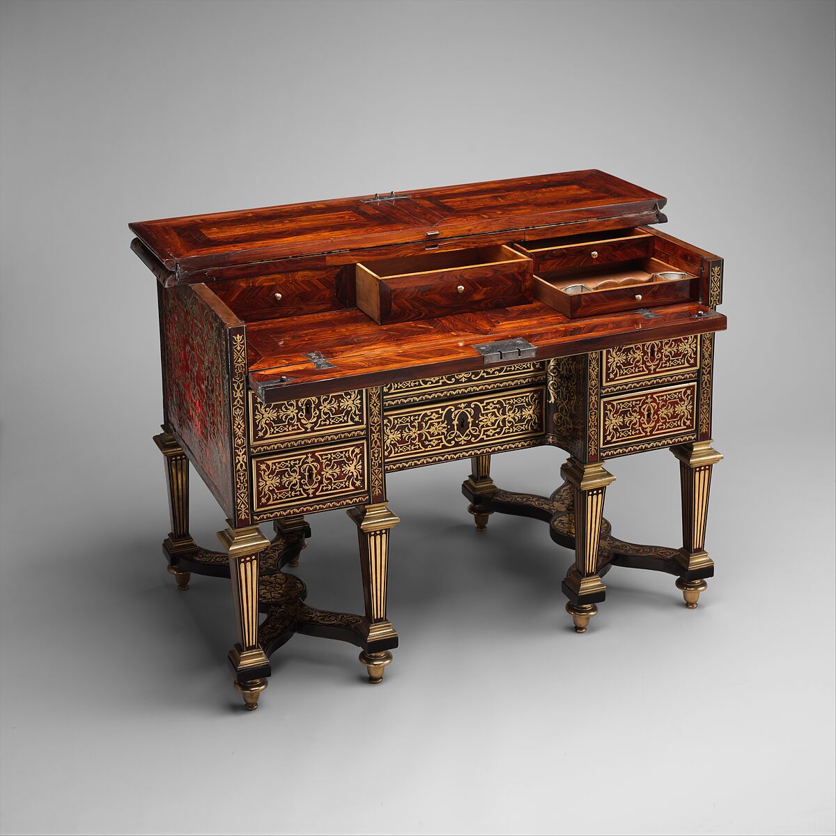 Small desk with folding top (bureau brisé), Marquetry by Alexandre-Jean Oppenordt (Dutch, 1639–1715, active France), Oak, pine, walnut veneered with ebony, rosewood, and marquetry of tortoiseshell and engraved brass; gilt bronze and steel, French, Paris
