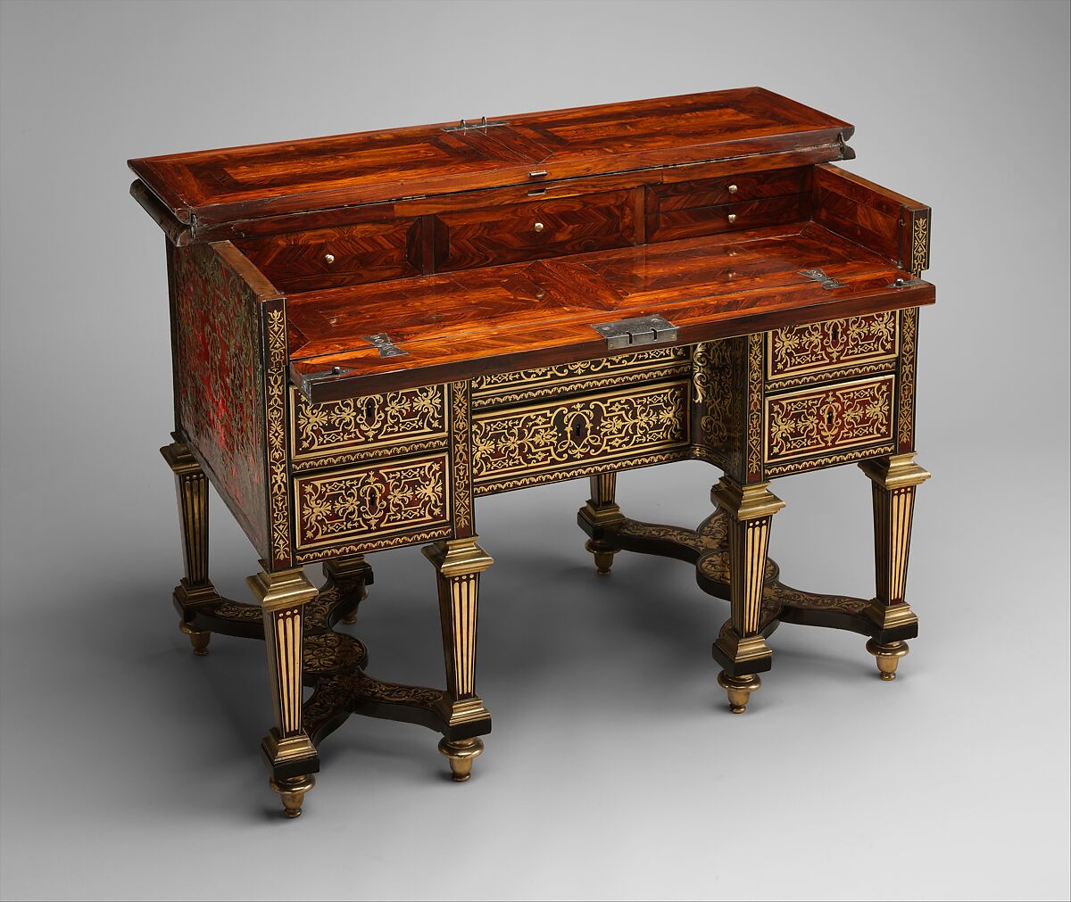 Small desk with folding top (bureau brisé), Marquetry by Alexandre-Jean Oppenordt (Dutch, 1639–1715, active France), Oak, pine, walnut veneered with ebony, rosewood, and marquetry of tortoiseshell and engraved brass; gilt bronze and steel, French, Paris