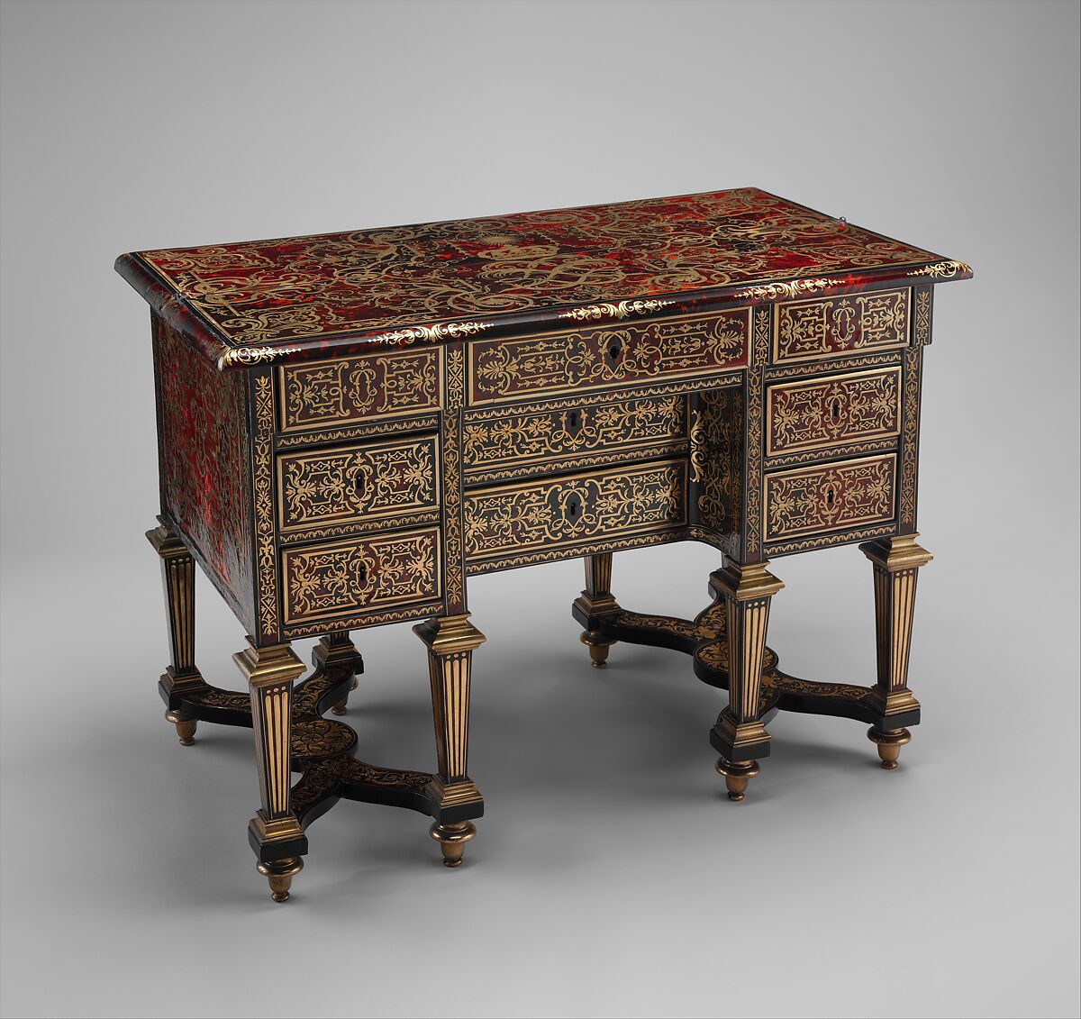 Small desk with folding top (bureau brisé), Marquetry by Alexandre-Jean Oppenordt (Dutch, 1639–1715, active France), Oak, pine, walnut veneered with ebony, rosewood, and marquetry of tortoiseshell and engraved brass; gilt bronze and steel, French, Paris 