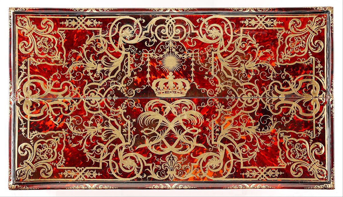 Small desk with folding top (bureau brisé), Marquetry by Alexandre-Jean Oppenordt (Dutch, 1639–1715, active France), Oak, pine, walnut veneered with ebony, rosewood, and marquetry of tortoiseshell and engraved brass; gilt bronze and steel, French, Paris