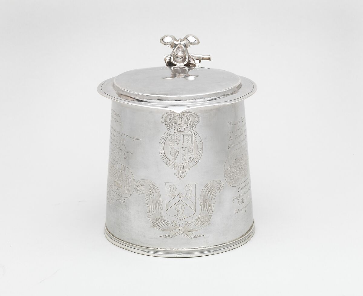 Tankard engraved with scenes of the Great Plague and the Great Fire of London, O S (British, ca. 1673–1677), Silver, British, London