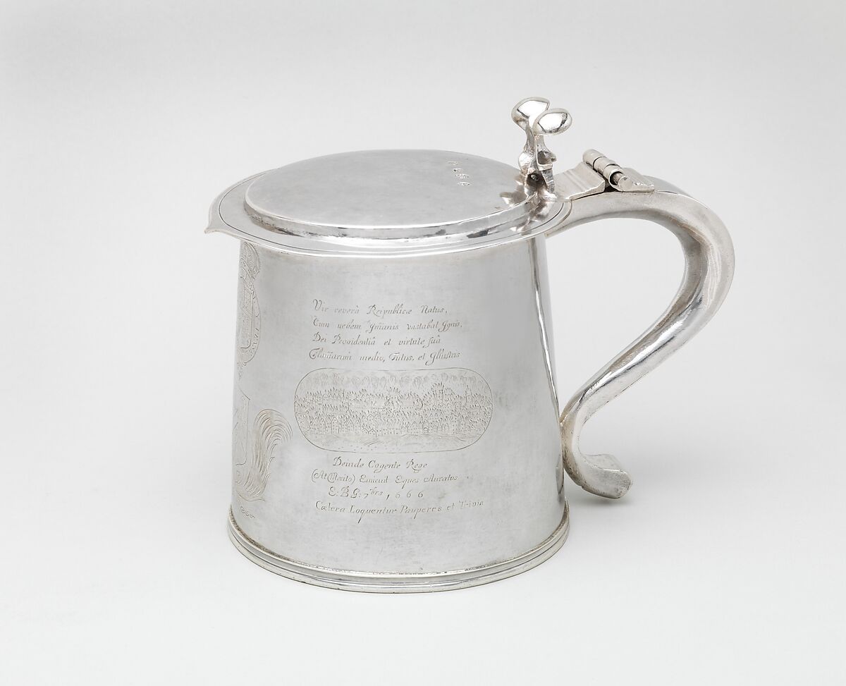 Tankard engraved with scenes of the Great Plague and the Great Fire of London, O S (British, ca. 1673–1677), Silver, British, London 