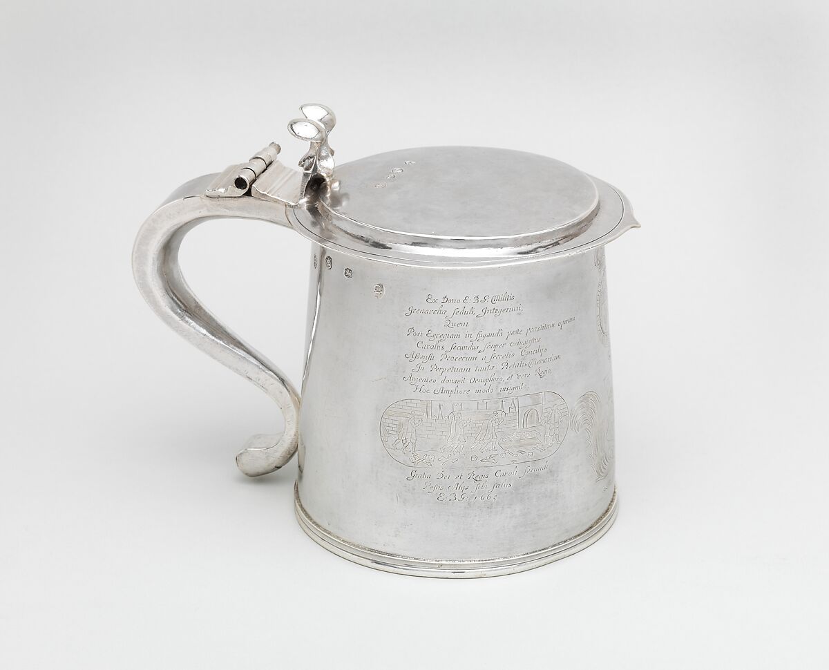 Tankard engraved with scenes of the Great Plague and the Great Fire of London, O S (British, ca. 1673–1677), Silver, British, London