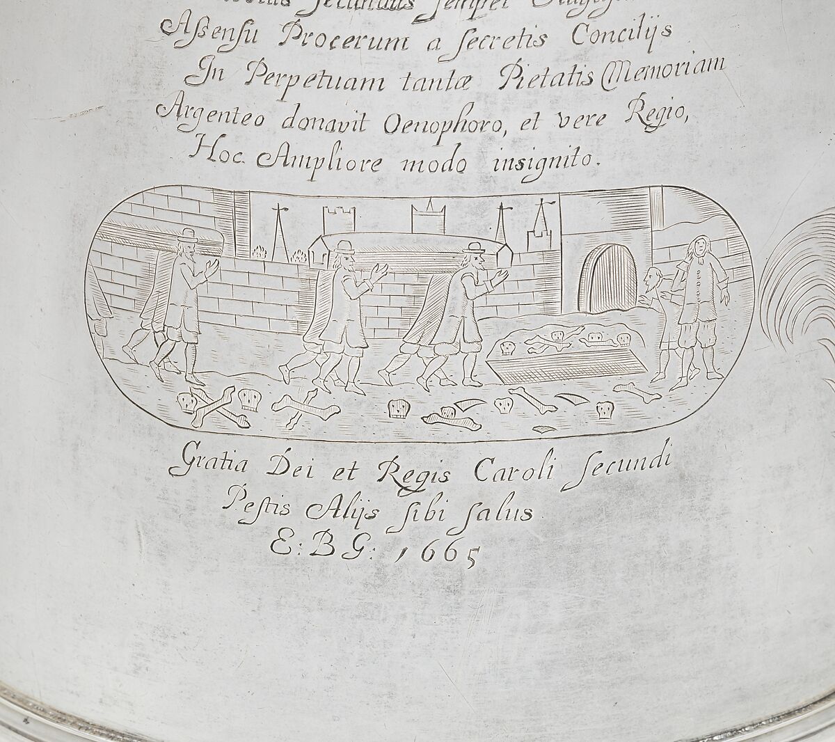 Tankard engraved with scenes of the Great Plague and the Great Fire of London, O S (British, ca. 1673–1677), Silver, British, London