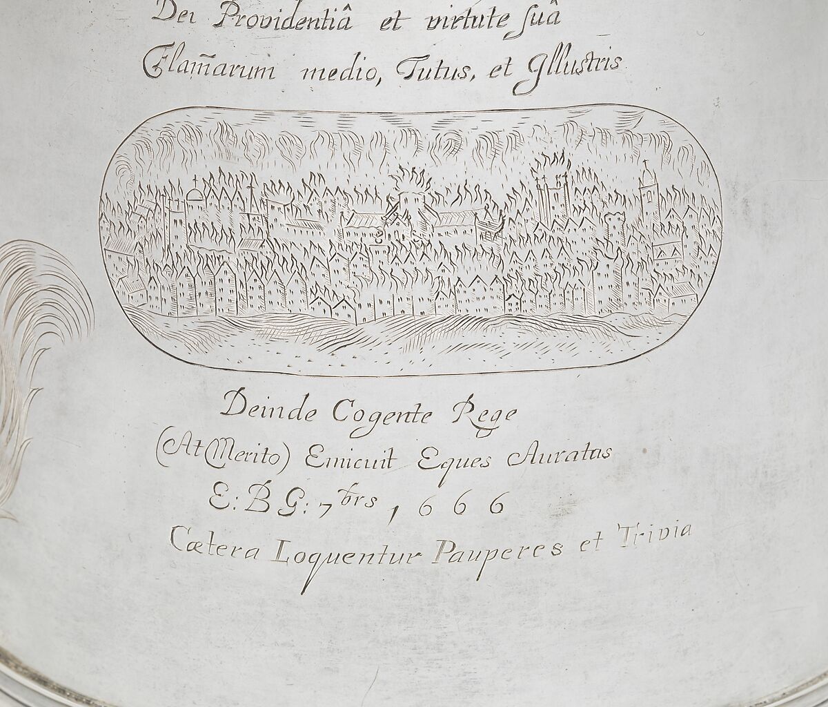 Tankard engraved with scenes of the Great Plague and the Great Fire of London, O S (British, ca. 1673–1677), Silver, British, London
