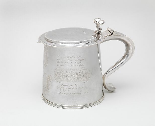 Tankard engraved with scenes of the Great Plague and the Great Fire of London