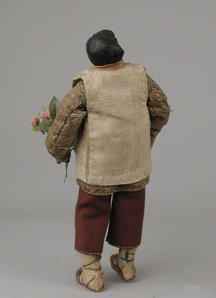 Standing shepherd, Polychromed terracotta head; wooden limbs; body of wire wrapped in tow; cloth garments and leather hat, Italian, Naples