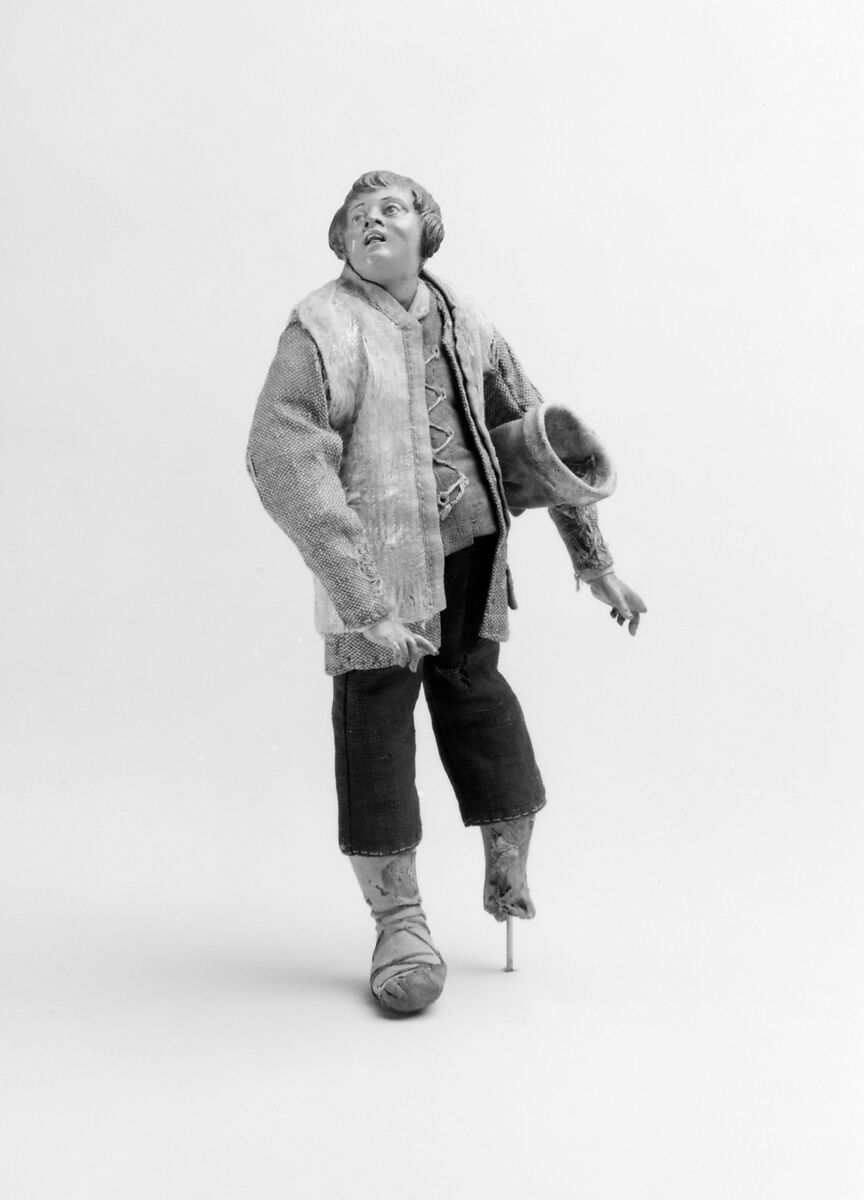 Standing shepherd, Polychromed terracotta head; wooden limbs; body of wire wrapped in tow; cloth garments and leather hat, Italian, Naples