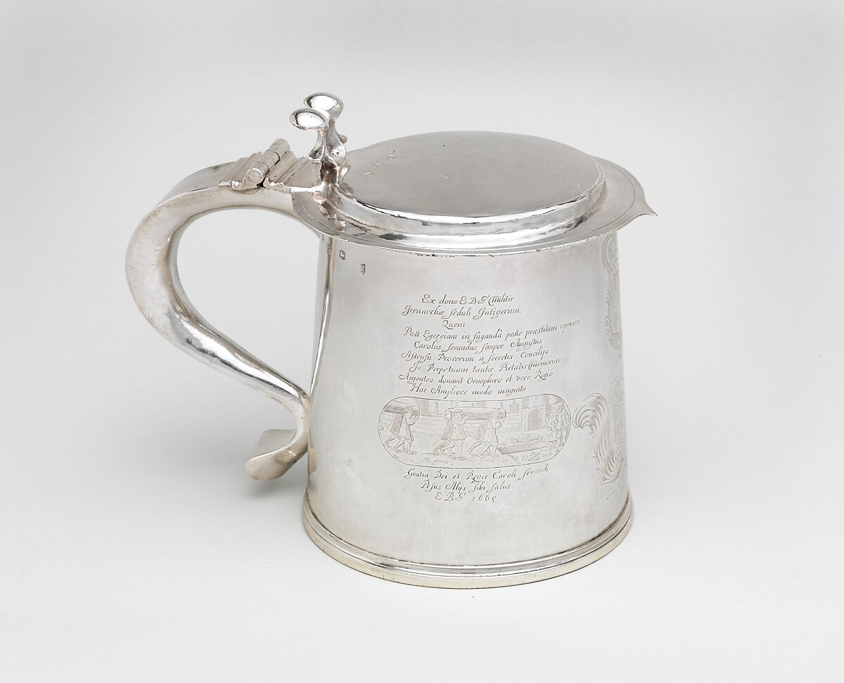 Tankard engraved with scenes of the Great Plague and the Great Fire of London, I N (British, active mid-late 17th century), Silver, British, London