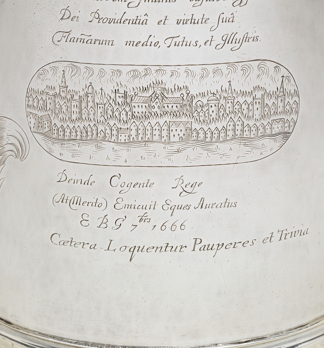 Tankard engraved with scenes of the Great Plague and the Great Fire of London, I N (British, active mid-late 17th century), Silver, British, London