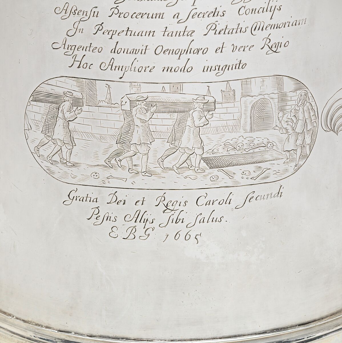 Tankard engraved with scenes of the Great Plague and the Great Fire of London, I N (British, active mid-late 17th century), Silver, British, London