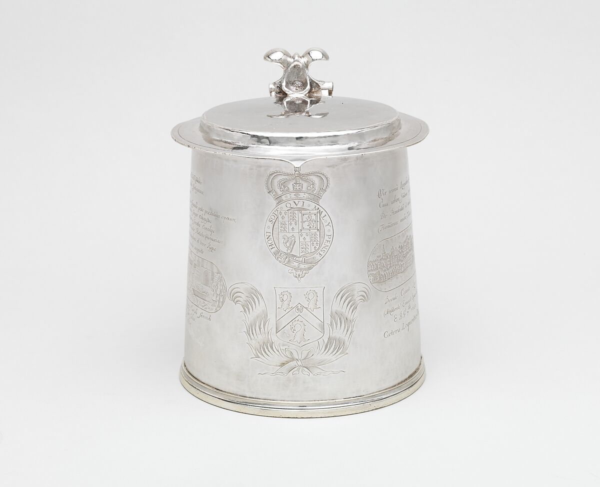 Tankard engraved with scenes of the Great Plague and the Great Fire of London, I N (British, active mid-late 17th century), Silver, British, London