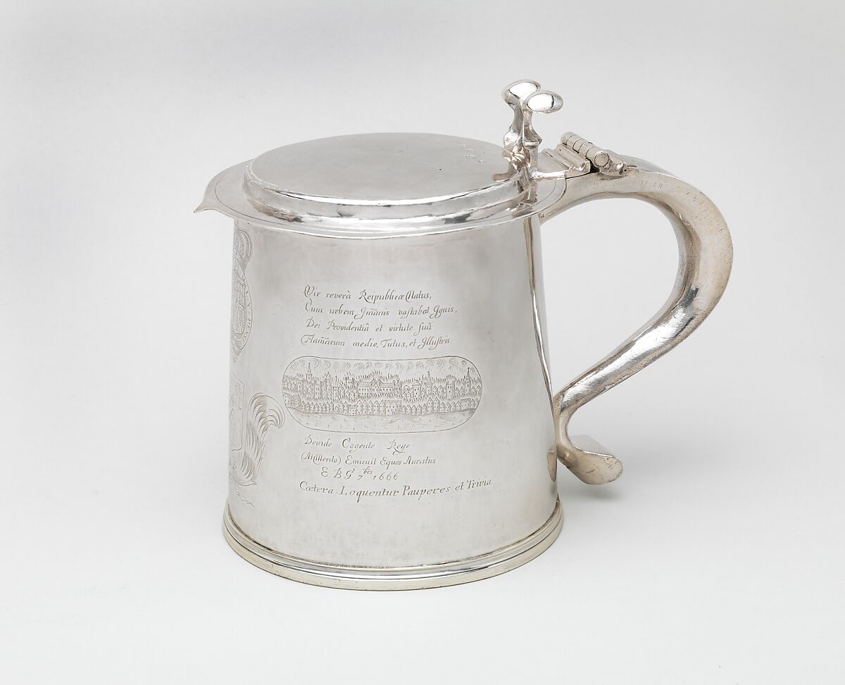 Tankard engraved with scenes of the Great Plague and the Great Fire of London, I N  British, Silver, British, London