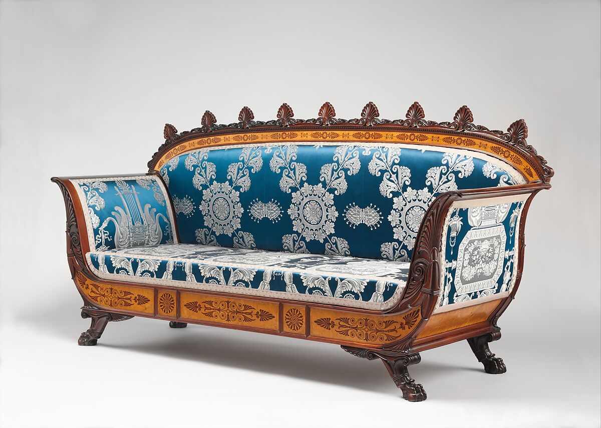 Sofa (part of a set), Designed by Filippo Pelagio Palagi (Italian, Bologna 1775–1860 Turin), Mahogany veneered with maplewood and mahogany, covered with modern silk brocade, Italian, Piedmont 